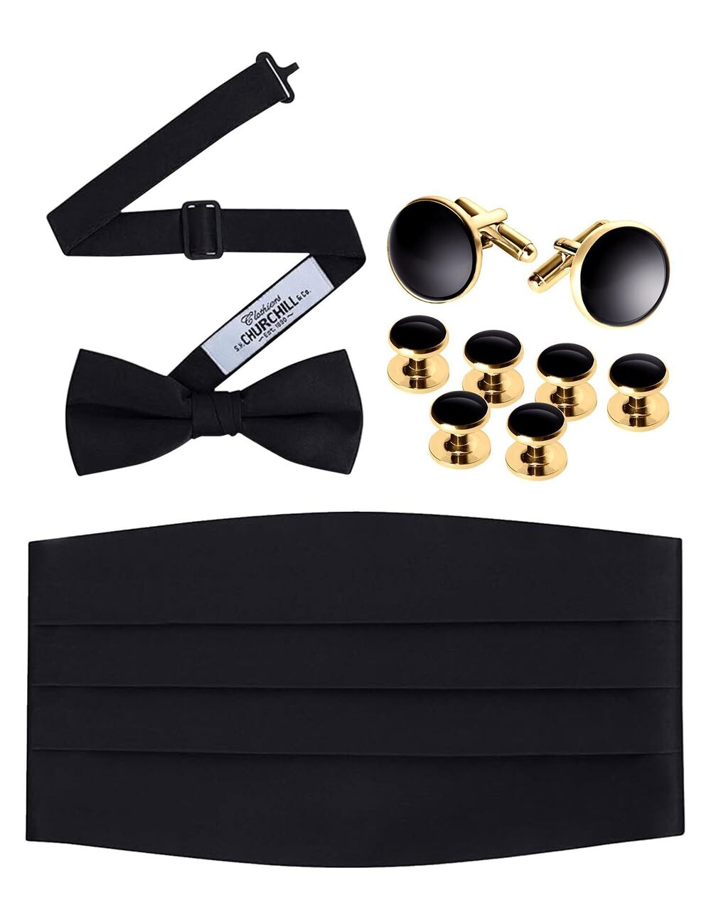 4346 Black Bowtie, Cummerbund, Cufflinks & Studs Set – Classic Formal